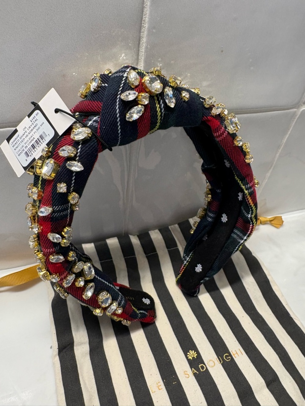 Lele Sadoughi Red & Navy Plaid Crystal-Embellished Padded Headband